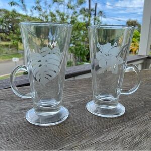 Etched Glass Mug Set Made in Hawaii Hibiscus Monstera